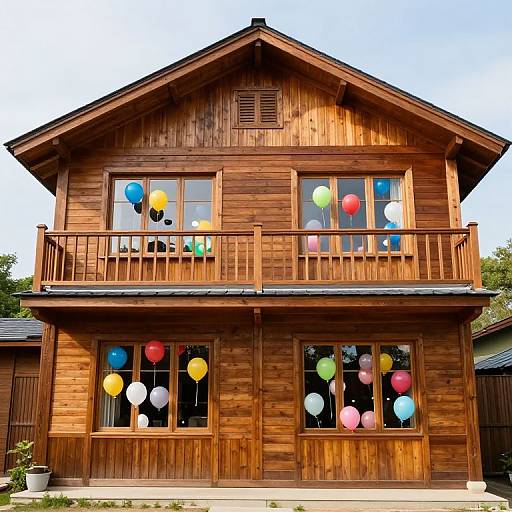 Photograph of a wooden, two-story house with colorful balloons inside each window, on a bright, clear day.