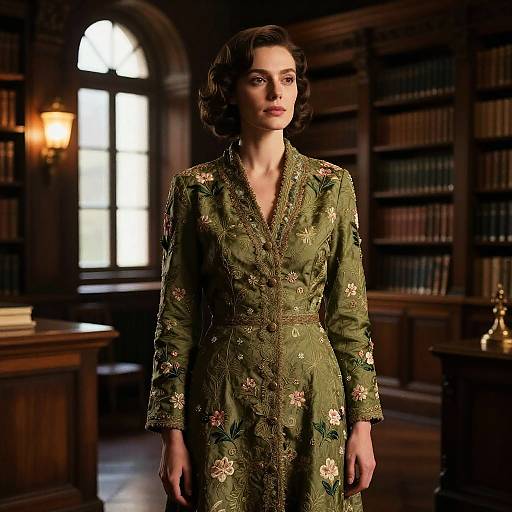 Timeless Olive-Brocade Portrait in Library