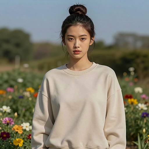 Young Woman in Beige Sweatshirt in Flower Garden