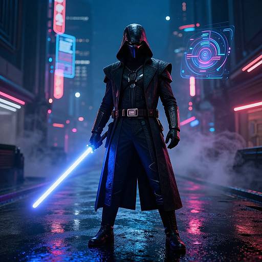 Cyberpunk night scene: Dark Sith Lord in black armor, hood, and long coat, holding glowing blue lightsaber, neon city lights background,