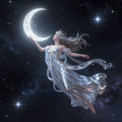 Digital art: Ethereal woman with flowing silver dress and crown touches glowing crescent moon in starry, cosmic night sky.
