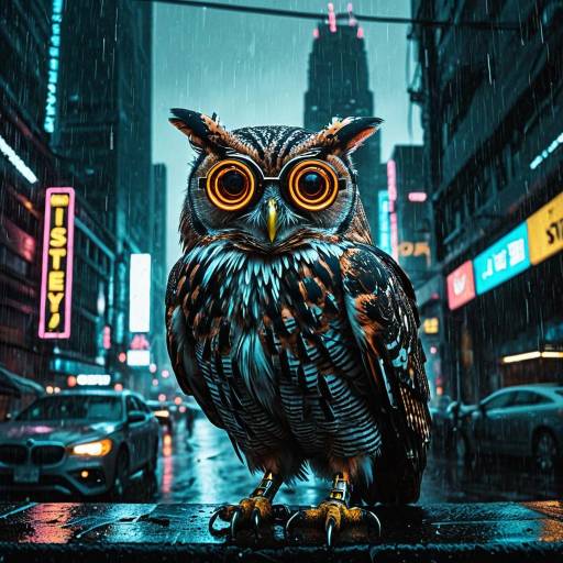 Cybernetic Owl in Futuristic Rainy City Cybernetic Owl in Futuristic Rainy City