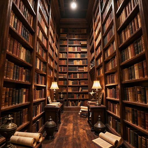 Photograph of a dimly lit, wooden library with tall bookshelves, warm lamps, rolled scrolls, and dark hardwood floors, creating a cozy