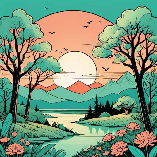 Sunset Landscape with River and Mountains
