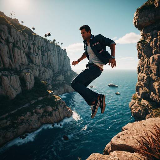 Man Jumping Over Coastal Cliff