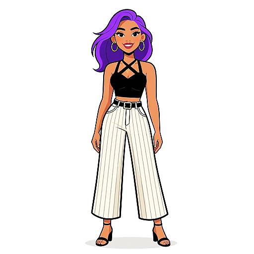 Digital illustration of a confident woman with purple hair, wearing a black crop top, white pinstripe high-waist pants, and black sandals.