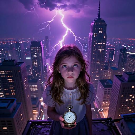 Photograph of a young girl with wide eyes, holding a pocket watch, standing against a cityscape at night with vibrant purple lightning illuminating the skys