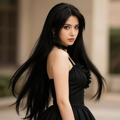 Photograph of a young woman with long, black hair, wearing a sleeveless black dress, standing outdoors, with a blurred urban background.