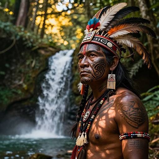 Photograph of a Native American man with dark skin, feathered headdress, tribal tattoos, and jewelry, standing by a waterfall in a forest.