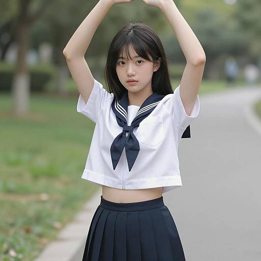 Asian Girl in Sailor Outfit Outdoors