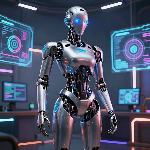 CGI image of a futuristic, silver and black humanoid robot with glowing blue eyes, standing in a neon-lit, high-tech lab.