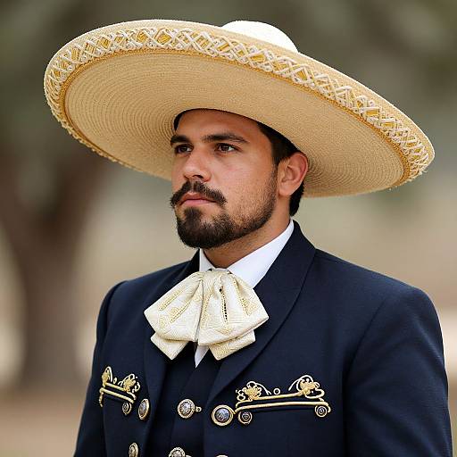 Photograph of a bearded man with dark hair, wearing a large straw sombrero, dark navy double-breasted suit with white bow tie, and
