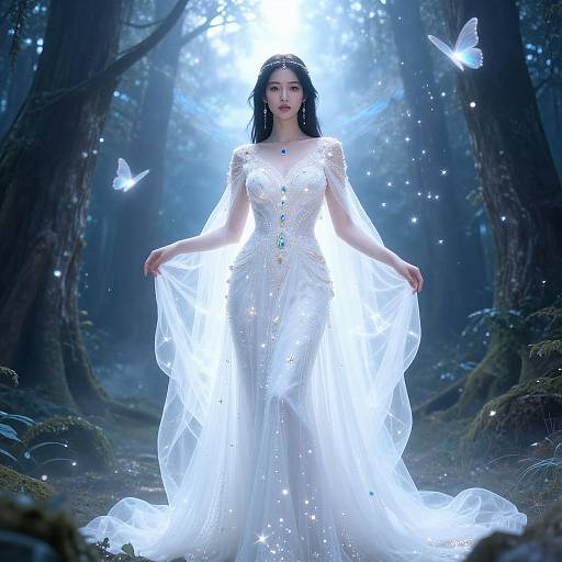 Photograph-like digital art of a glowing, ethereal woman in a white, luminescent dress with floral patterns, standing in a mystical, moon