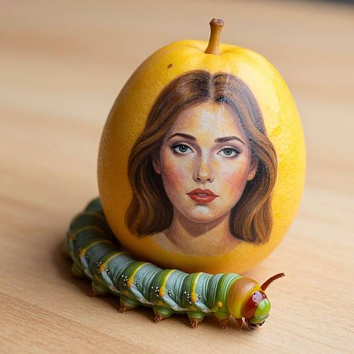 Photograph of a realistic painted orange with a woman's face on it, surrounded by a green and yellow caterpillar with red head.