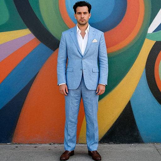 Photograph of a handsome, dark-haired man in a light blue suit, white shirt, and brown shoes, standing in front of a colorful, abstract