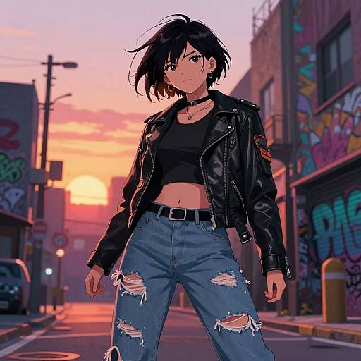 Anime-style digital drawing of a confident young woman with short black hair, wearing a black leather jacket, crop top, and ripped jeans, standing in a