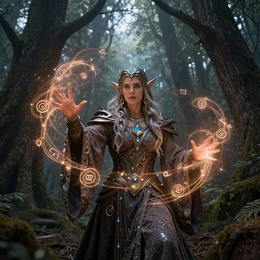 Digital fantasy artwork of an elven sorceress with long silver hair, pointed ears, and a dark, ornate dress, casting glowing magical orbs