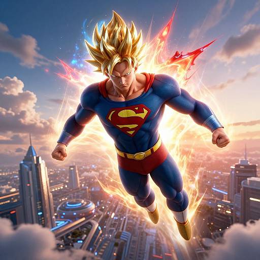 Digital artwork of Superman with spiky blonde hair, blue suit, red 
