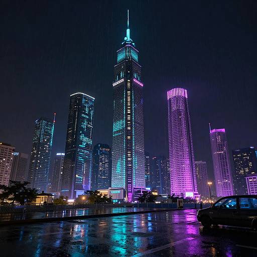 Nighttime photograph of a city skyline with brightly lit skyscrapers in blue, purple, and pink neon lights, reflecting on a wet street. Tall