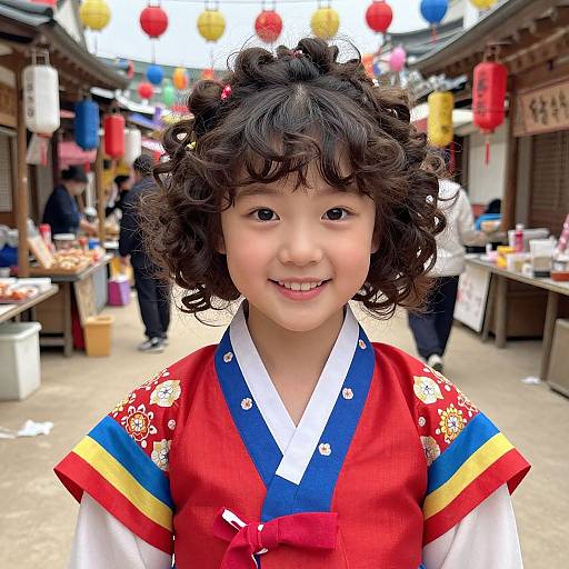 Photograph of a smiling Asian child with curly black hair, wearing a colorful traditional Korean hanbok with red, blue, and yellow accents, in
