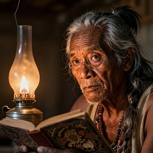 Photograph of an elderly woman with deep wrinkles, gray hair, and intense eyes, reading by a warm, glowing oil lamp.