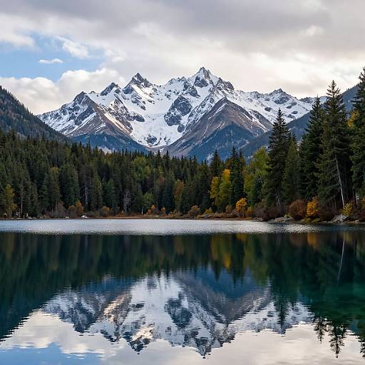 Photograph of a serene lake reflecting snow-capped mountains and a dense forest of evergreen trees under a partly cloudy sky.