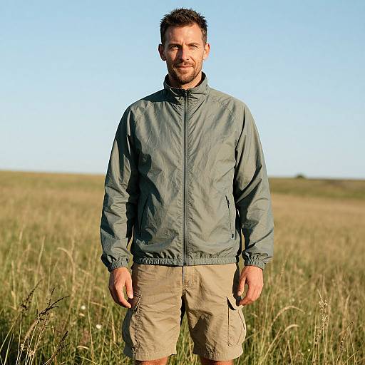 Photograph of a bearded man with short dark hair, wearing a gray jacket and beige pants, standing in a grassy field under a clear blue