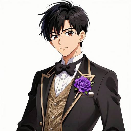 Anime-style digital drawing of a handsome young man with black hair, brown eyes, wearing a black tuxedo with gold trim, bow tie, and