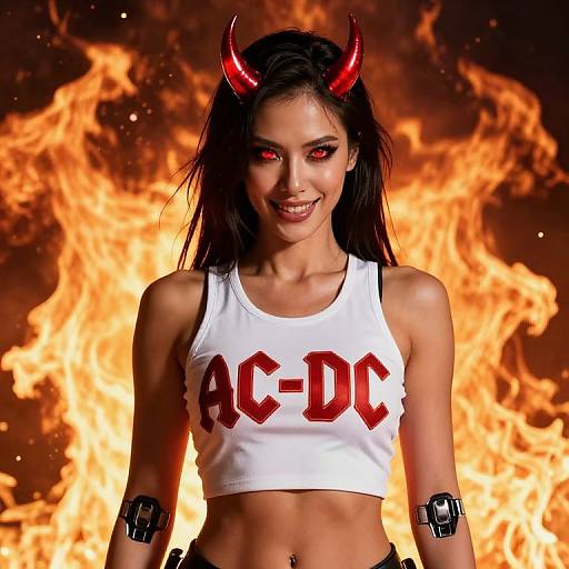 Digital artwork of a smiling, dark-haired woman with red horns, red eyes, white AC-DC tank top, black arm cuffs, standing in front