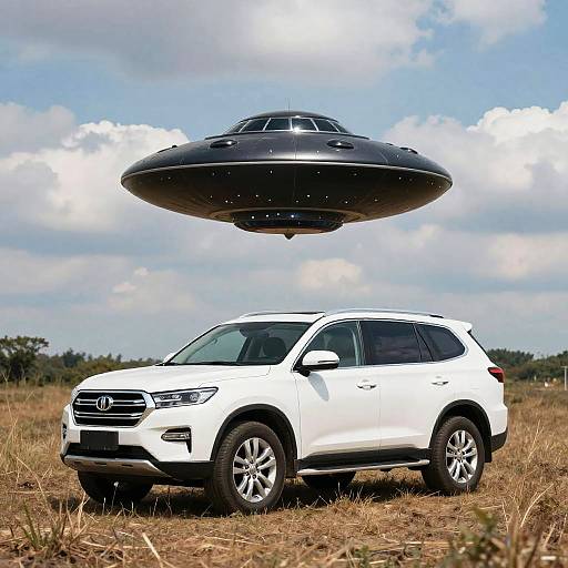 Surreal SUV and UFO Hovering