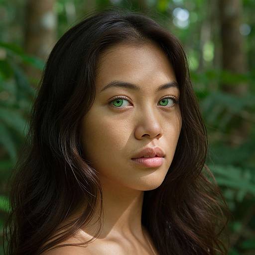 Photograph of a young Asian woman with long black hair, green eyes, and fair skin, standing in a lush, green forest. Her expression is