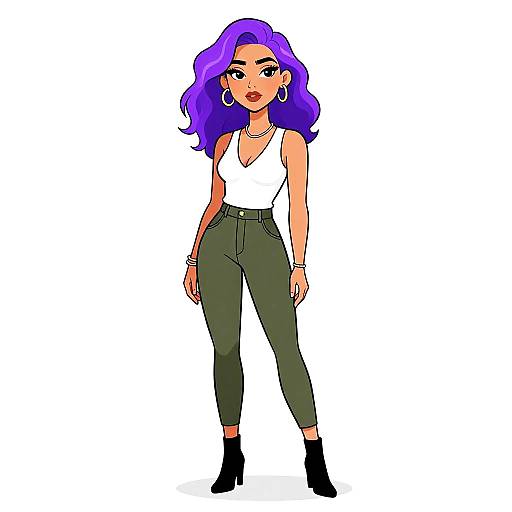 Digital illustration of a confident woman with purple wavy hair, wearing a white tank top, olive green high-waisted pants, black ankle boots,