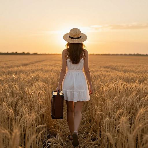 Photograph of a woman in a white dress and straw hat walking through a golden wheat field at sunset, holding a brown suitcase.