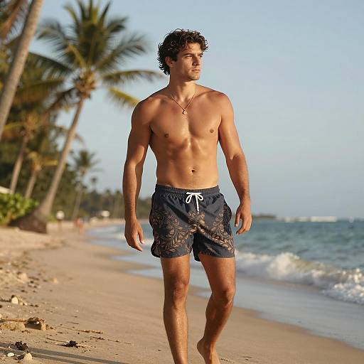 Shirtless Man on Tropical Beach at Sunset