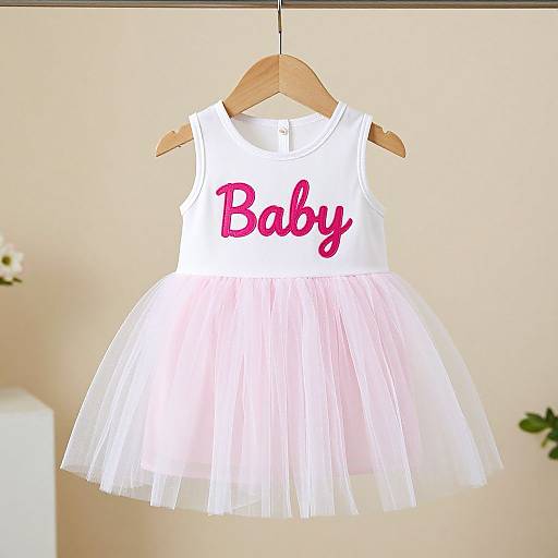 Photograph of a white, sleeveless, tulle baby dress with 
