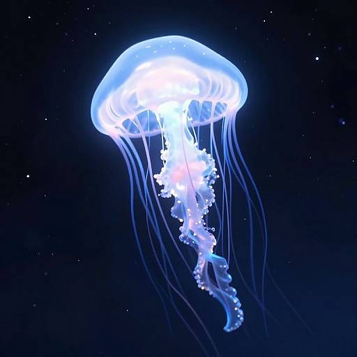 Glowing blue jellyfish with translucent, pulsating bell and delicate, flowing tentacles against a dark, starry ocean background. Digital illustration.