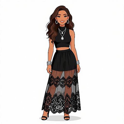 Digital illustration of a confident woman with long dark hair, wearing a black crop top, high-waisted skirt with lace pattern, and silver jewelry,