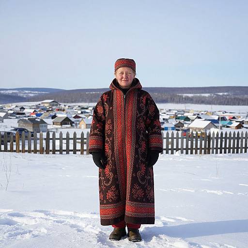 Photograph of a smiling woman in a long, patterned, dark red and black winter coat and matching hat, standing in snowy campsite with wooden