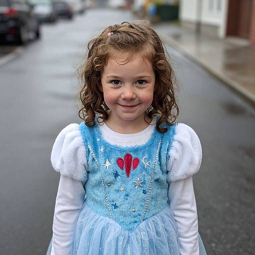 Photograph of a smiling young girl with curly brown hair, wearing a blue and white dress with red heart embroidery, standing on a wet, urban street
