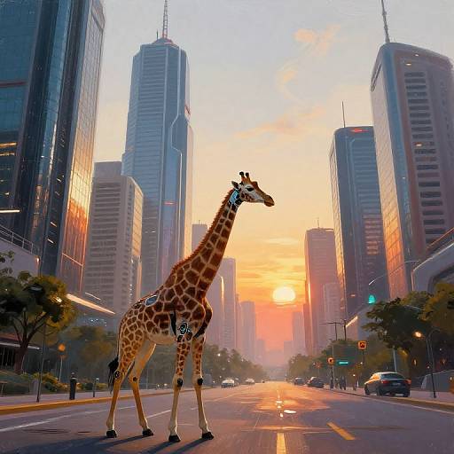 Photograph of a giraffe standing on a city street at sunset, surrounded by towering skyscrapers with reflective glass windows, and a vibrant orange sky