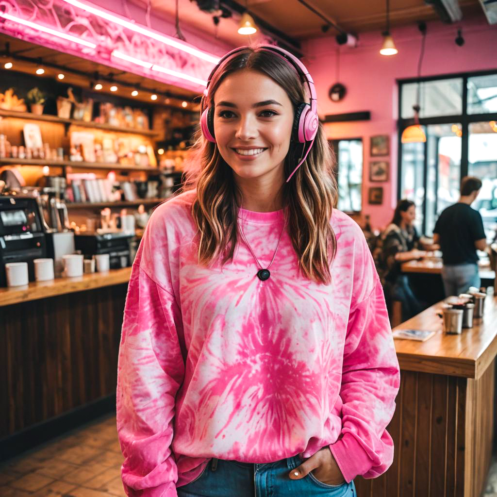 Trendy Girl in Cozy Coffee Shop