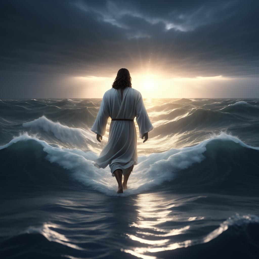 Jesus Walking on Water During Stormy Dusk