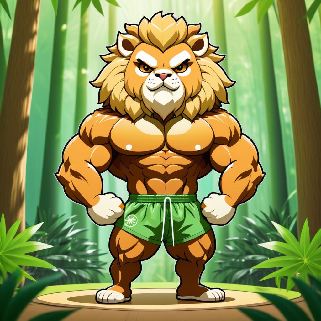 Kawaii Lion Bodybuilder in Forest Dojo