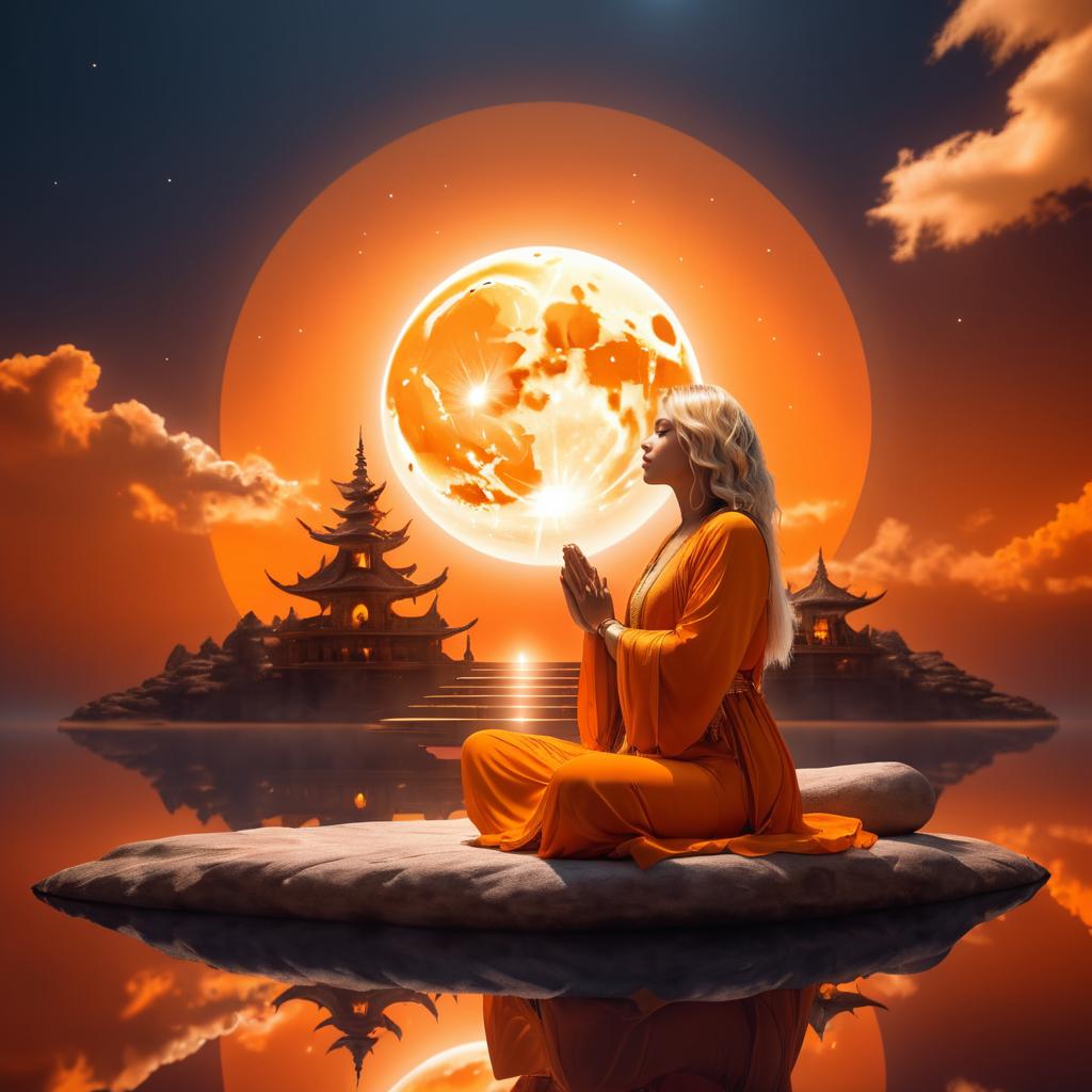 Mystical Meditating Woman Under Full Moon