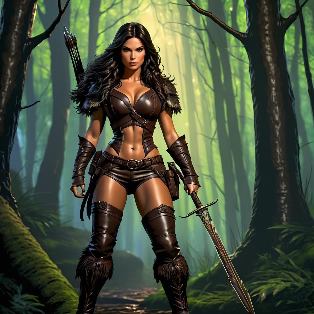 Fierce Huntress in Dense Forest at Dawn