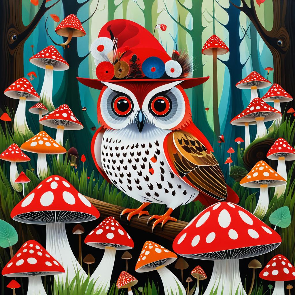 Whimsical Owl in Mushroom Wonderland