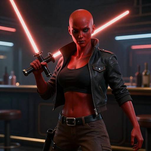 Red Twi'lek in Neon Cyberpunk Bar