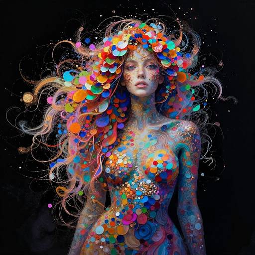 Digital artwork of a woman with vibrant, multicolored, circular patterns covering her body and flowing hair against a black background.
