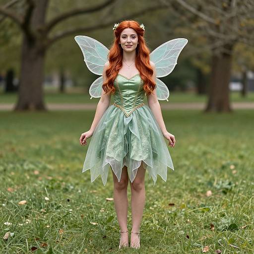 Photograph of a young woman with long red hair, wearing a green fairy dress, translucent wings, and floral headpiece, standing in a grassy