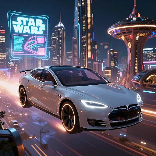 Digital CGI of a sleek white Tesla sports car speeding through a futuristic neon-lit cityscape with a glowing 